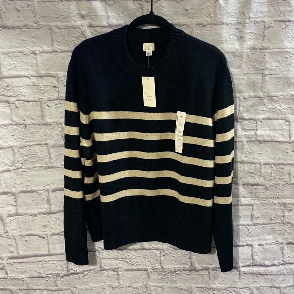 A New Day Black Crewneck Knit Taupe Stripe Sweater Long Sleeve Women’s XXL NWT